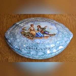 French Porcelain Style Trinket Box Features a Pastoral Scene of a Couple